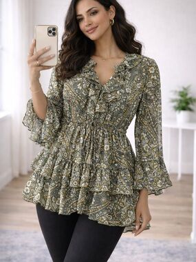 Ruffled V-Neck Paisley Peplum Blouse - Olive Green